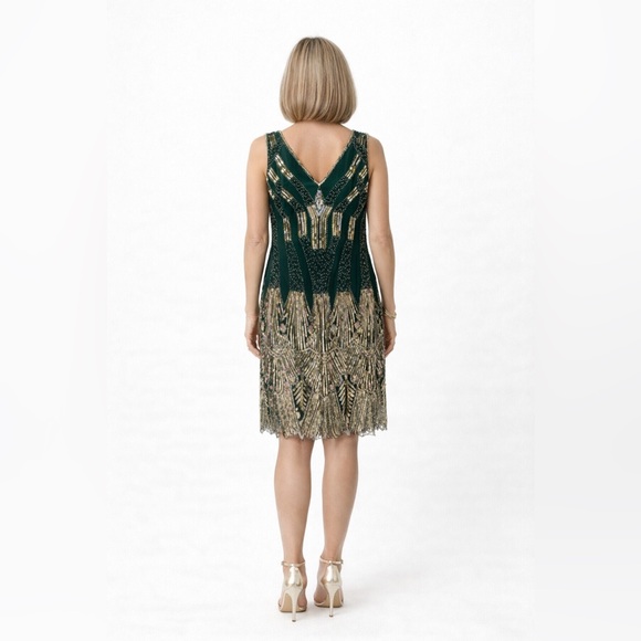 Emerald Green Art Deco Beaded Shift Dress | Gatsby Cocktail Evening - Picture 3 of 4